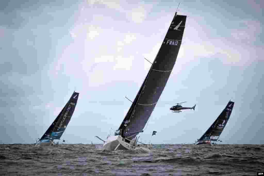 Skippers race at the start of the 2023 solo multi-stage sailing race 'Solitaire du Figaro' in Ouistreham Riva-Bella near Caen, northern France.