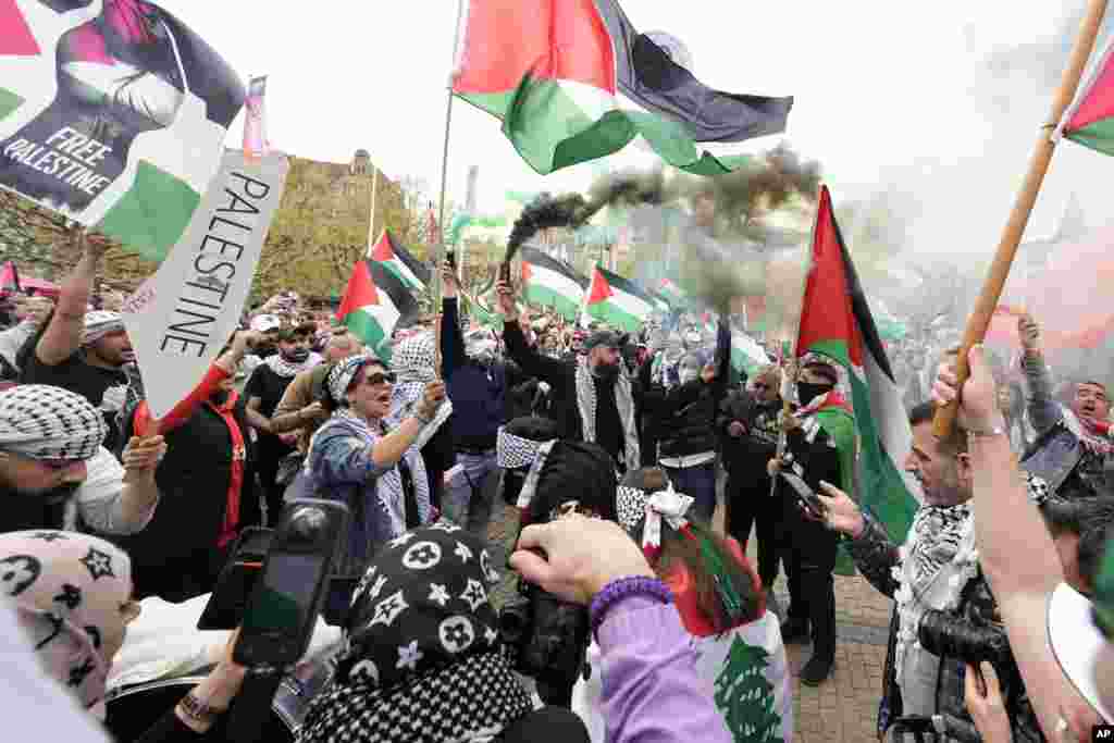 People protest at a Pro-Palestinian demonstration for excluding Israel from Eurovision ahead of the second semi-final at the Eurovision Song Contest in Malmo, Sweden.