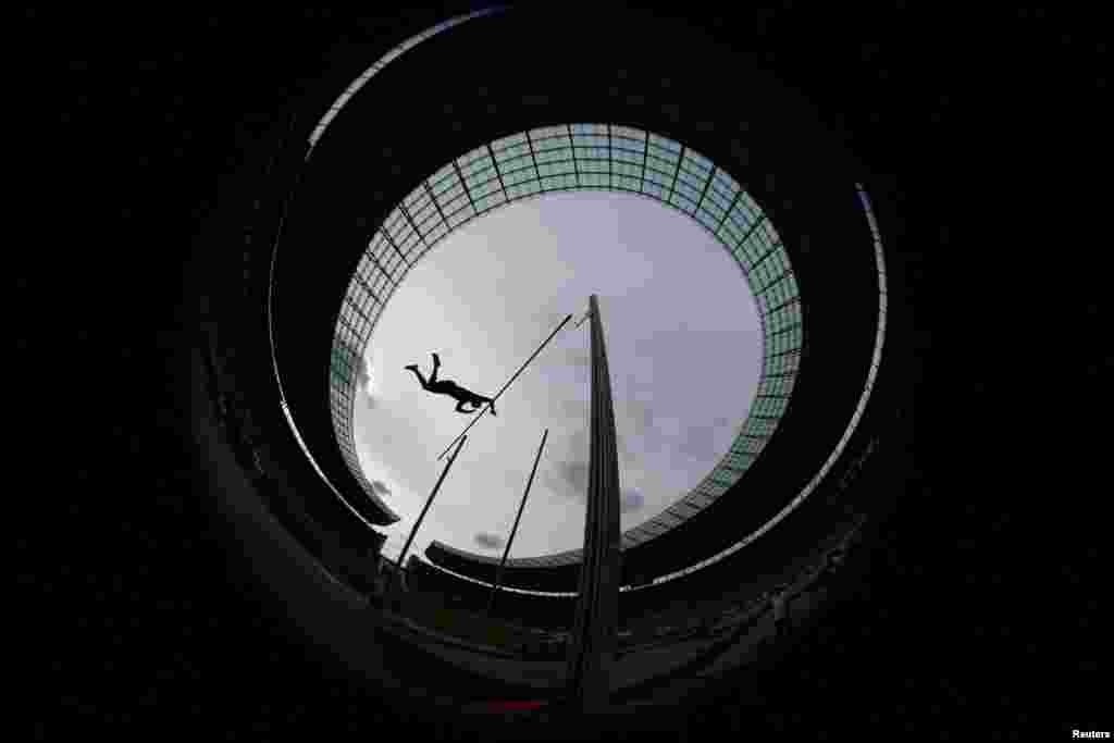 Kc Lightfoot of the United States compete in the men's pole vault during the Golden League athletics at Olympic Stadium in Berlin, Germany.