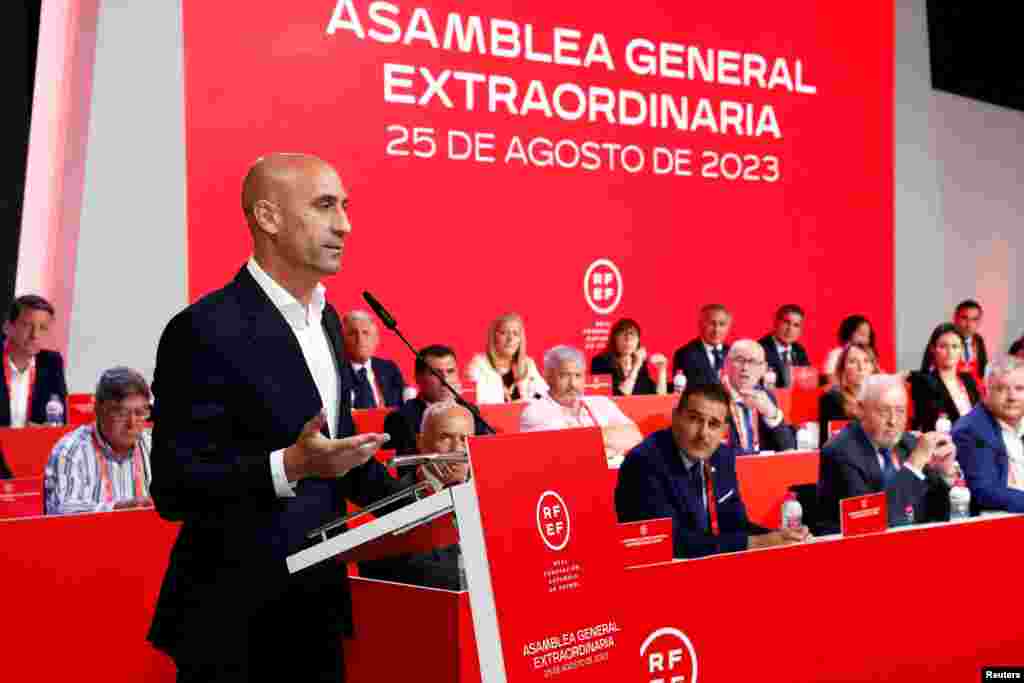 President of the Royal Spanish Football Federation Luis Rubiales announces he will not resign as president during the meeting in Las Rozas, Spain, to address the uproar that has ensued after he kissed a player on the lips without her consent following Spain's victory in the Women's World Cup championship. (RFEF/Handout via Reuters)