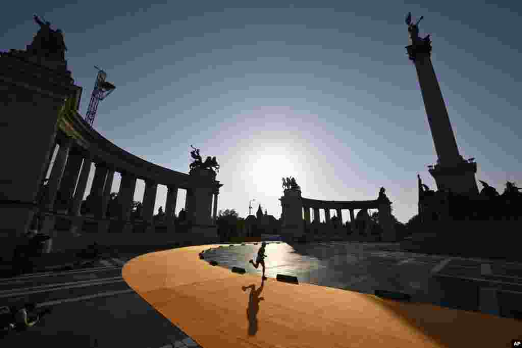 A runner competes in the men's marathon at the World Athletics Championships in Budapest, Hungary.