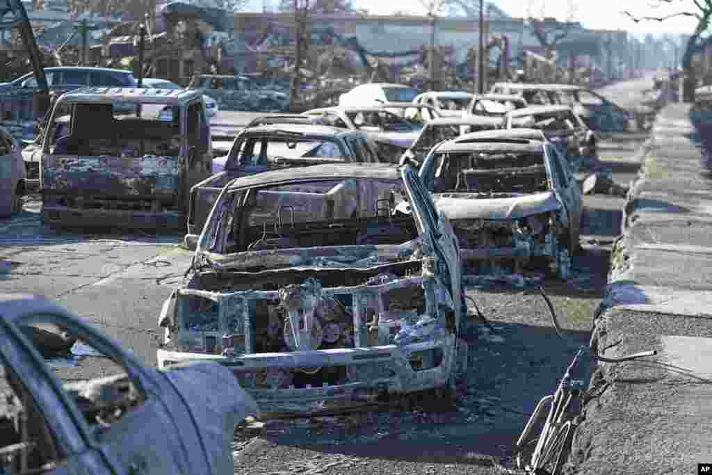 Burnt out cars line the sea walk after the wildfire in Lahaina, Hawaii.