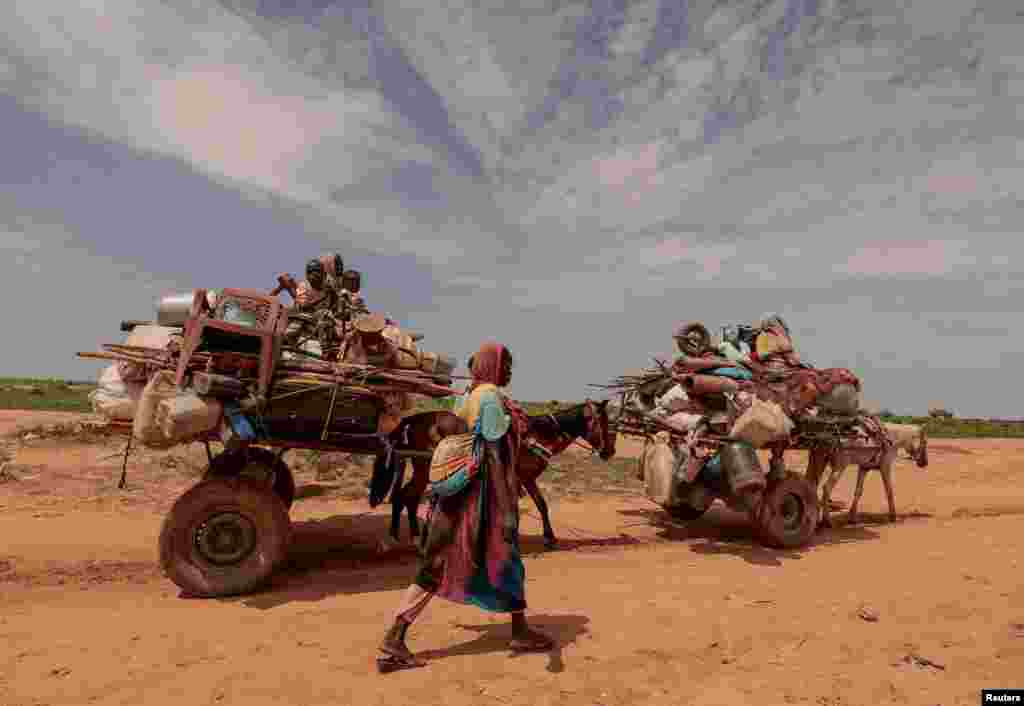 A Sudanese woman, who fled the conflict in Murnei in Sudan's Darfur region, walks beside carts carrying her family belongings upon crossing the border between Sudan and Chad, in Adre, Chad.