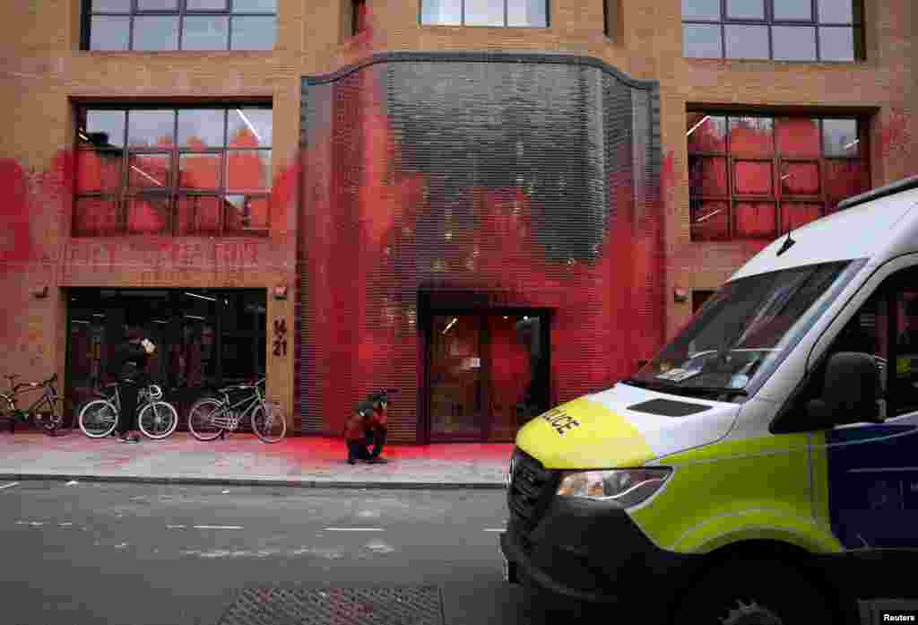 The Labour Party's headquarters is covered in red paint after a demonstration by "Youth Demand" supporters in London.