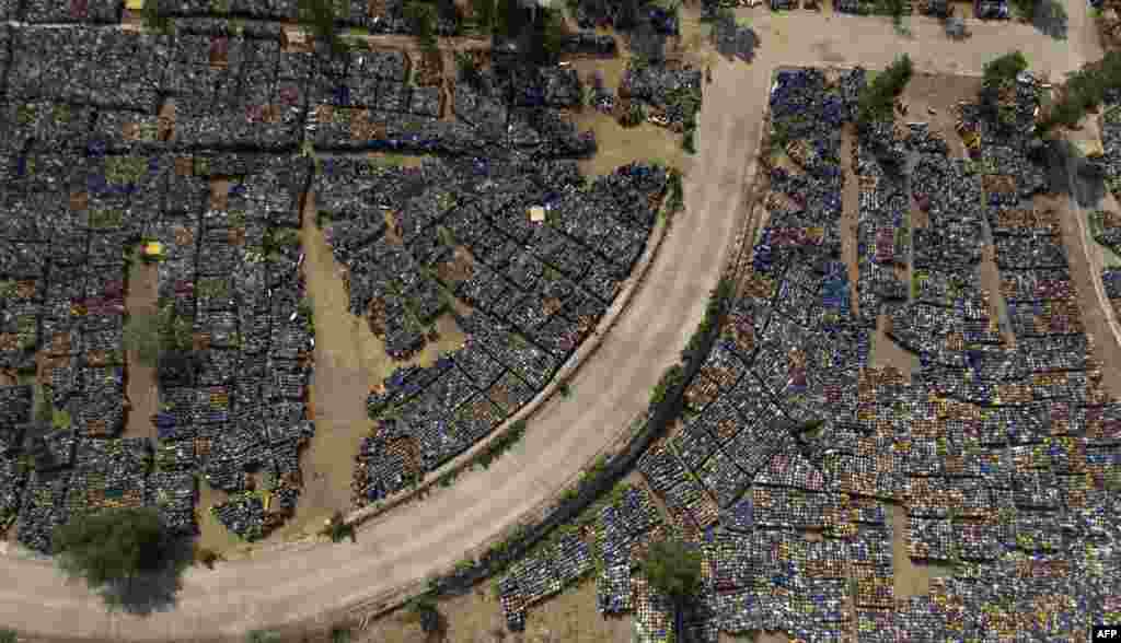 Aerial view of the former 18 de Marzo refinery, where disused LP gas cylinders are seen, in Mexico City.
