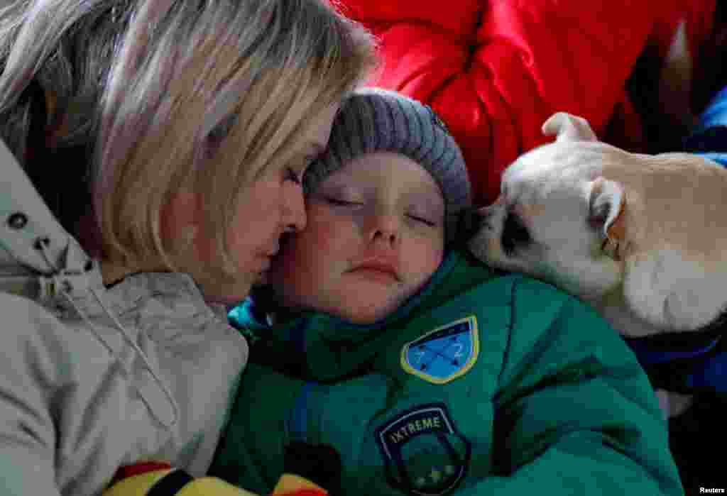 A woman, her child and their pet dog are seen at a refugee shelter after Russia's invasion of Ukraine, in Beregsurany, Hungary, March 7, 2022.