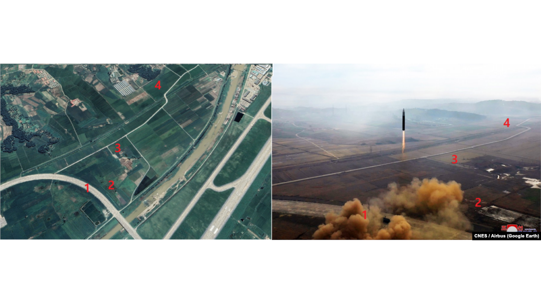 한이 지난 18일 대륙간탄도미사일(ICBM)을 발사한 것으로 추정되는 순안공항 일대를 촬영한 위성사진(왼쪽)과 북한이 공개한 발사장면(오른쪽). 번호가 매겨진 각 지점이 같은 특성을 보인다. 자료=CNES / Airbus (Google Earth)