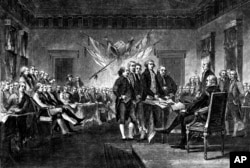 Este grabado sin fecha muestra la escena del 4 de julio de 1776 cuando el Congreso Continental en Filadelfia aprobó la Declaración de Independencia, redactada por Thomas Jefferson, Benjamin Franklin, John Adams, Philip Livingston y Roger Sherman.