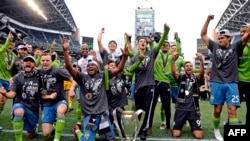 Les Seattle Sounders célèbrent leur titre de champions de la MLS, USA, le 10 novembre 2019.