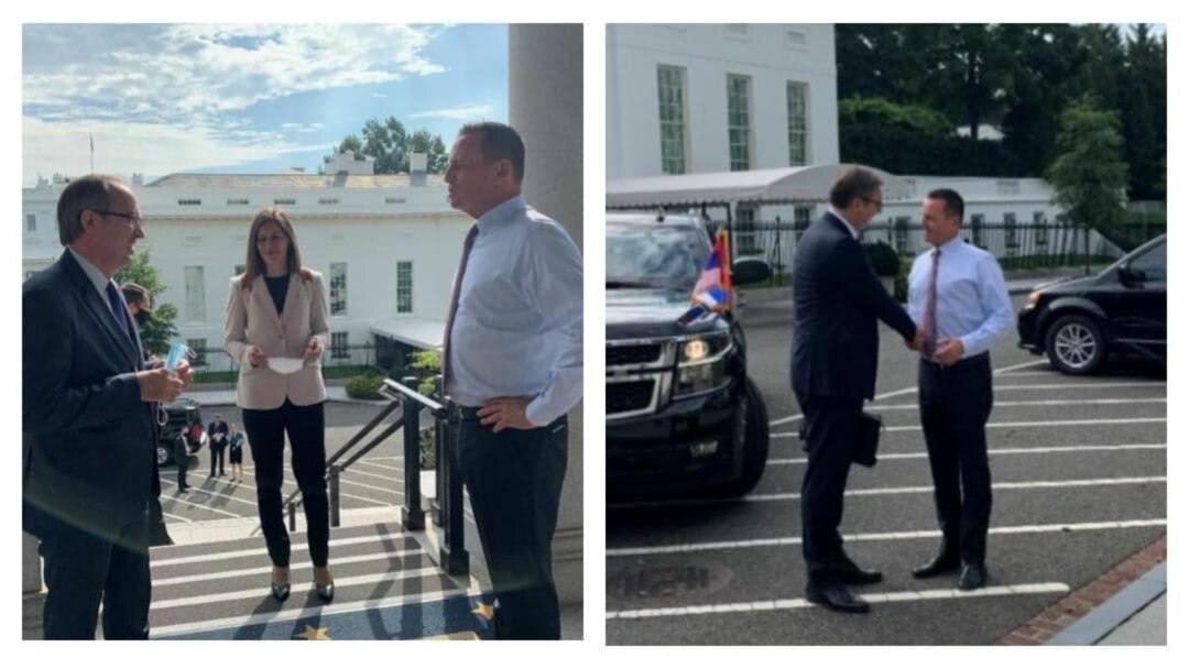 Kombinacija dve fotografije na kojima Ričard Grenel dočekuje premijera Kosova Avdulaha Hotija (levo) i predsednika Srbije Aleksandra Vučića (Foto: Twitter/NSC)