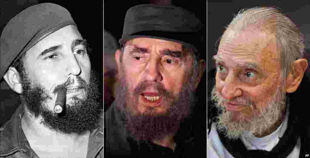 Từ trái sang, Fidel Castro ở Havana, Cuba, ngày 29 tháng 4 năm 1961; phát biểu trước giới truyền thông trong chuyến đi đón cậu bé Elian Gonzales ở thủ đô Washington, ngày 6 tháng 4 năm 2000; và tại tư gia ở Havana, ngày 13 tháng 2 năm 2016. 