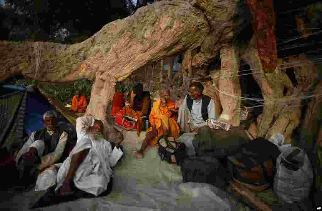 Những Hindu hành hương nghỉ chân dưới một gốc cây to trong suốt thời gian diễn ra lễ hội Kumbh Mela ở Allahabad.
