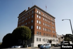 FILE - The entrance to the building of the Consulate General of Russia is shown in San Francisco, Aug. 31, 2017.