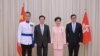 （圖左至右）新任警務處長蕭澤頤，新任政務司司長李家超，特首林鄭月娥，與新任保安局局長鄧炳強出席宣誓儀式 （路透社照片）