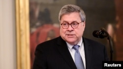 FILE - U.S. Attorney General William Barr is seen speaking at a ceremony in Washington, Sept. 9, 2019.