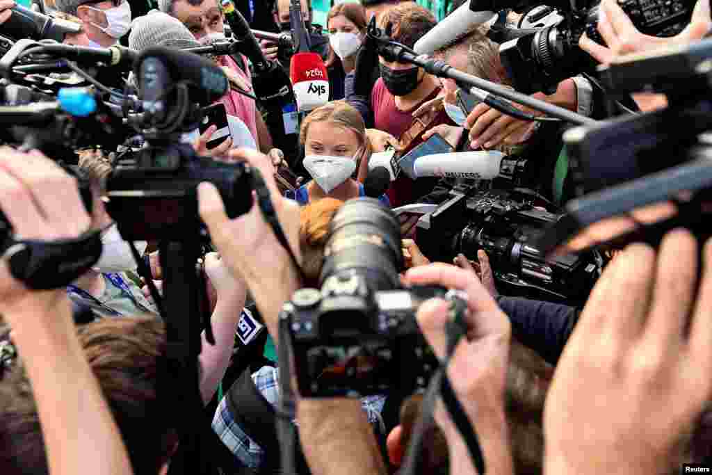 Swedish climate activist Greta Thunberg arrives at the Youth4Climate pre-COP26 conference in Milan, Italy.