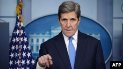 Special Presidential Envoy for Climate John Kerry speaks at a briefing on climate policy in the Brady Briefing Room of the White House in Washington, DC on Jan. 27, 2021.