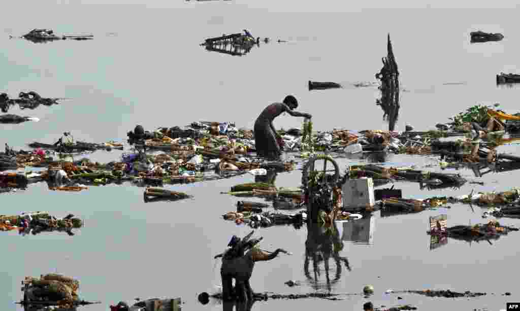 Seorang pemulung India mencari uang-uang dan barang berharga lainnya di antara benda-benda persembahan keagamaan dan sisa bingkai kayu Ganesha yang menumpuk di sungai Yamuna di New Delhi.
