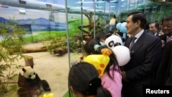 時任台灣總統馬英九在台北市立動物園觀看中國贈予的大熊貓“團團”和“圓圓”。(2009年1月24日)