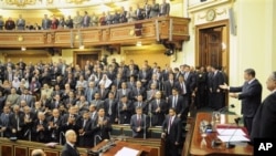 Egyptian President Mohammed Morsi addresses the newly convened upper house of parliament, in Cairo, Egypt, December 29, 2012.