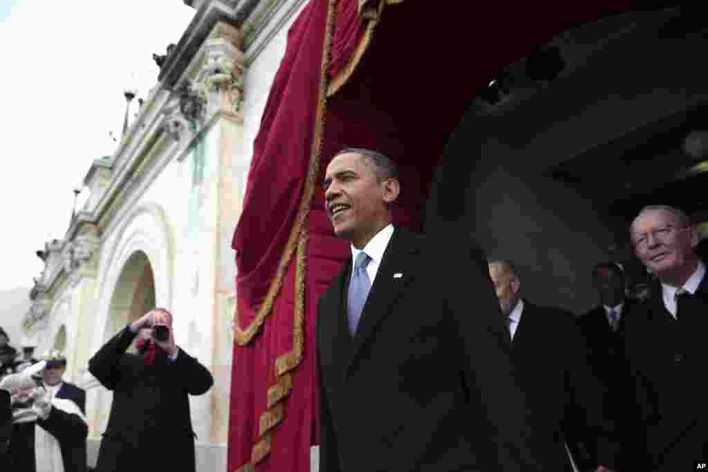 President Barack Obama arrives on the West Front of the Capitol in Washington, Jan. 21, 2013, for his ceremonial swearing-in ceremony during the 57th Presidential Inauguration.