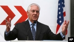El secretario de Estado Rex Tillerson habla ante los cancilleres de la Organización para la Seguridad y Cooperación en Europa, en Viena, Austria. Dic. 7, 2017.