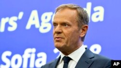 도날트 투크스 EU 정상회의 상임의장이 6일 불가리아 소피아에서 열린 'EU-서발칸 국가 정상회의'에서 연설하고 있다.