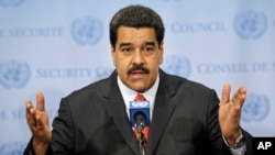 Venezuelan President Nicolas Maduro speaks to reporters at United Nations headquarters in New York, July 28, 2015.