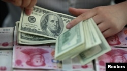 一位中国的银行出纳员在一堆人民币百元大钞上清点美元