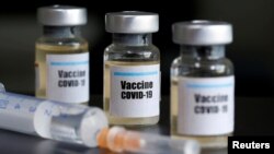 FILE - Small bottles labeled with a "Vaccine COVID-19" sticker and a medical syringe are seen in this illustration, Apr. 10, 2020.