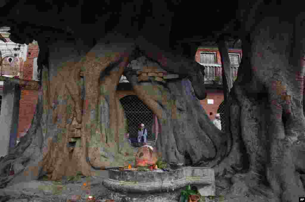 Seorang pria Nepal beristirahat usai melakukan ritual selama perayaan keagamaan Hindu 'Kuse Aunsi' di kuil Hindu Gokarneshwar di kota Kathmandu.