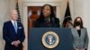 Judge Ketanji Brown Jackson speaks after President Joe Biden announced Jackson as his nominee to the Supreme Court in the Cross Hall of the White House, Friday, Feb. 25, 2022, in Washington. Vice President Kamala Harris listens as right. 