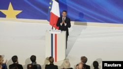 Президент Франции Эммануэль Макрон выступает в Сорбонне. 25 апреля 2024 г.