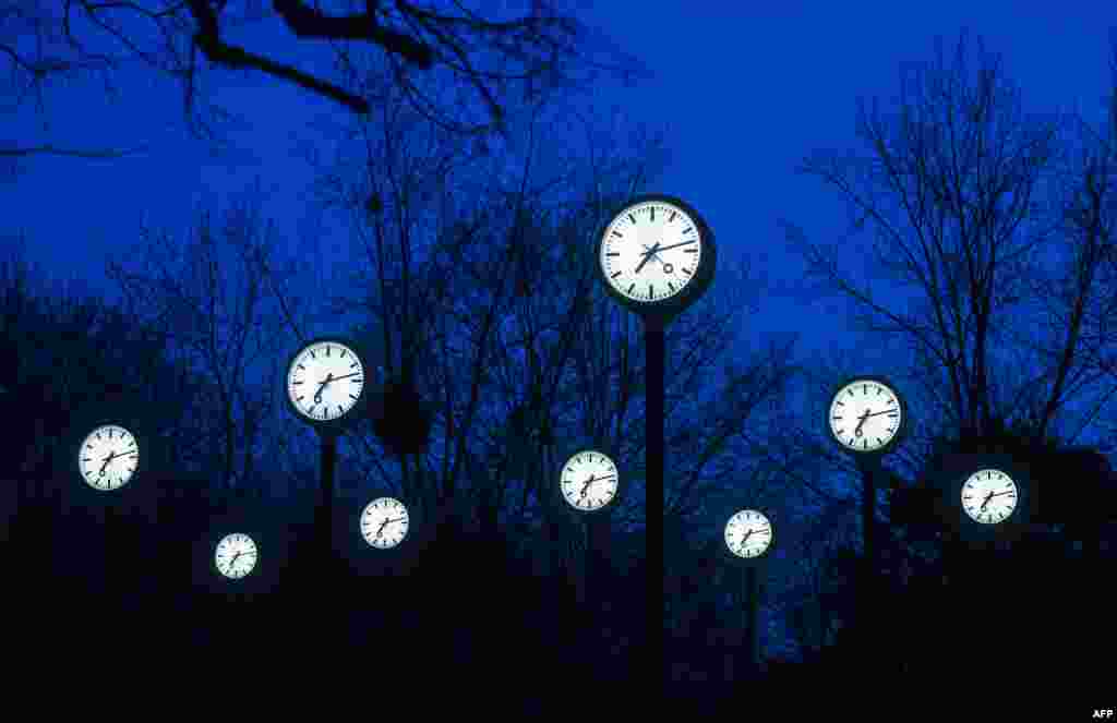 Clocks of the art installation 'Zeitfeld' (time field) by German artist Klaus Rinke are seen in Duesseldorf, western Germany.