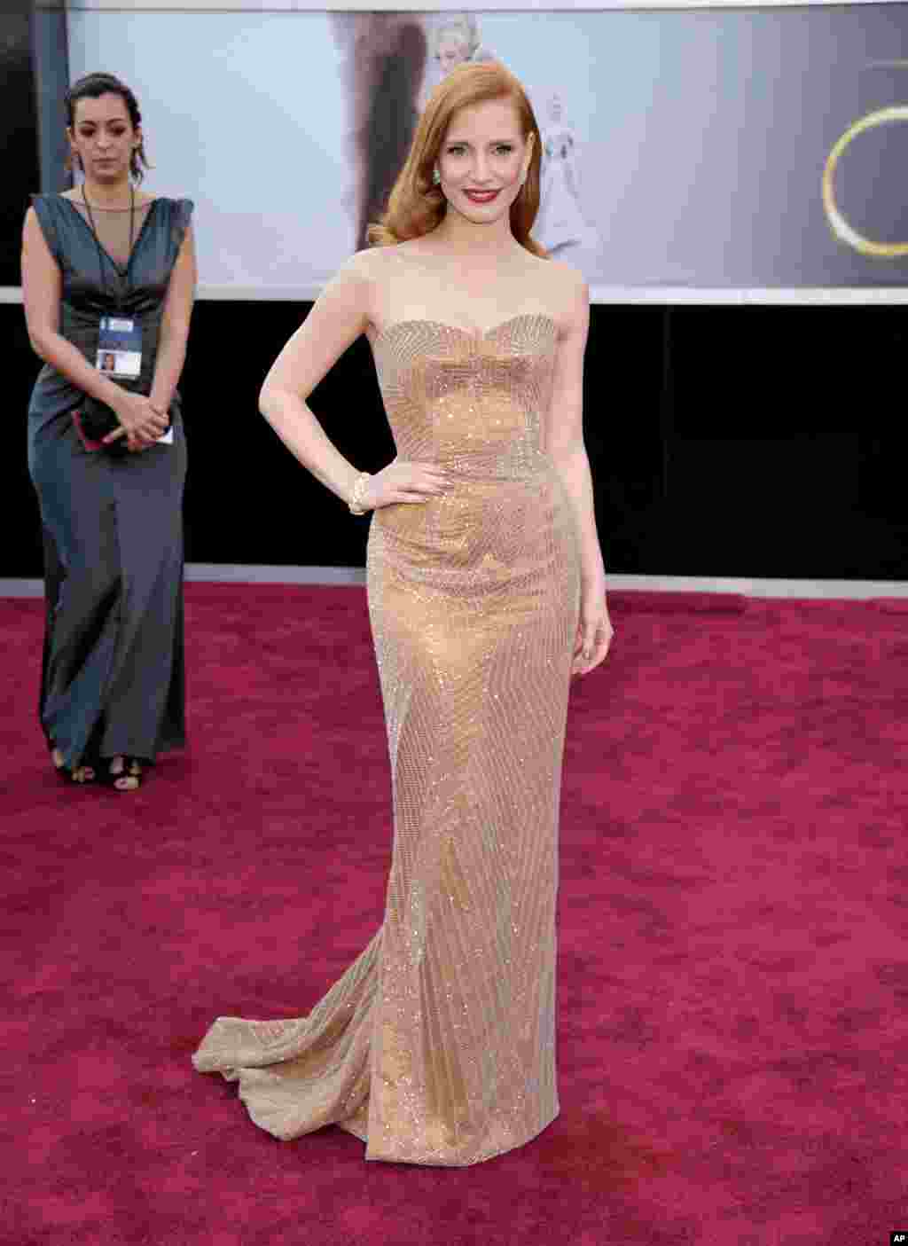 Actress Jessica Chastain arrives at the 85th Academy Awards at the Dolby Theatre, Feb. 24, 2013, in Los Angeles.