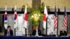 U.S. Deputy Secretary of State Wendy Sherman, right, South Korean First Vice Foreign Minister Choi Jong Kun, left, and Japanese Vice-Minister for Foreign Affairs Takeo Mori attend a press conference at the Iikura Guesthouse in Tokyo, July 21, 2021.